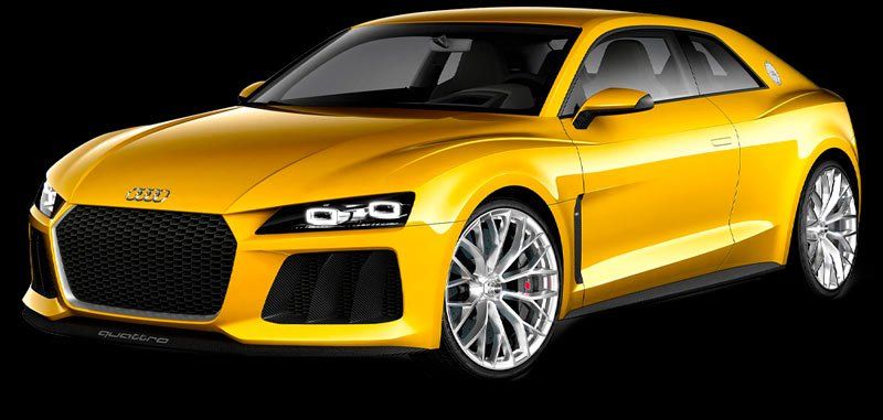 Yellow Audi sports car on black background.