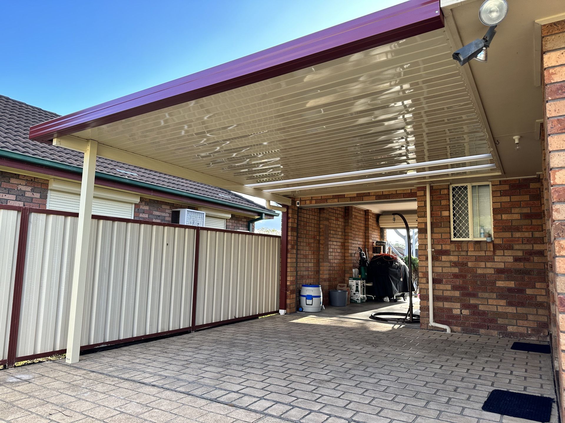 A Cream & Burgundy Patio Cover — Newcastle Patio Covers In Wallsend, NSW