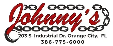 Logo for Johnny's Towing: Red script text in a chain border, location and phone number below.