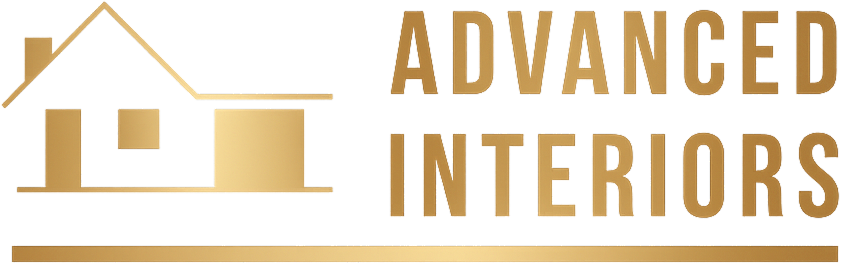 Gold Advanced Interiors logo with house outline and text on white background
