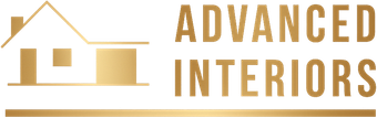 Gold Advanced Interiors logo with house outline and text on white background
