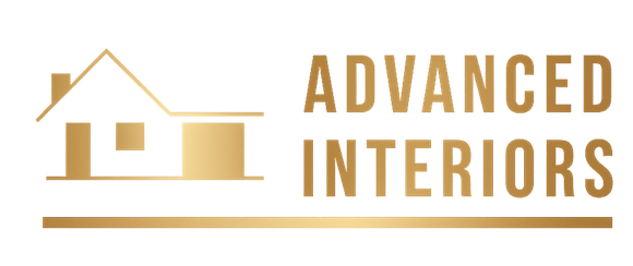 Gold “Advanced Interiors” logo with house outline and horizontal lines