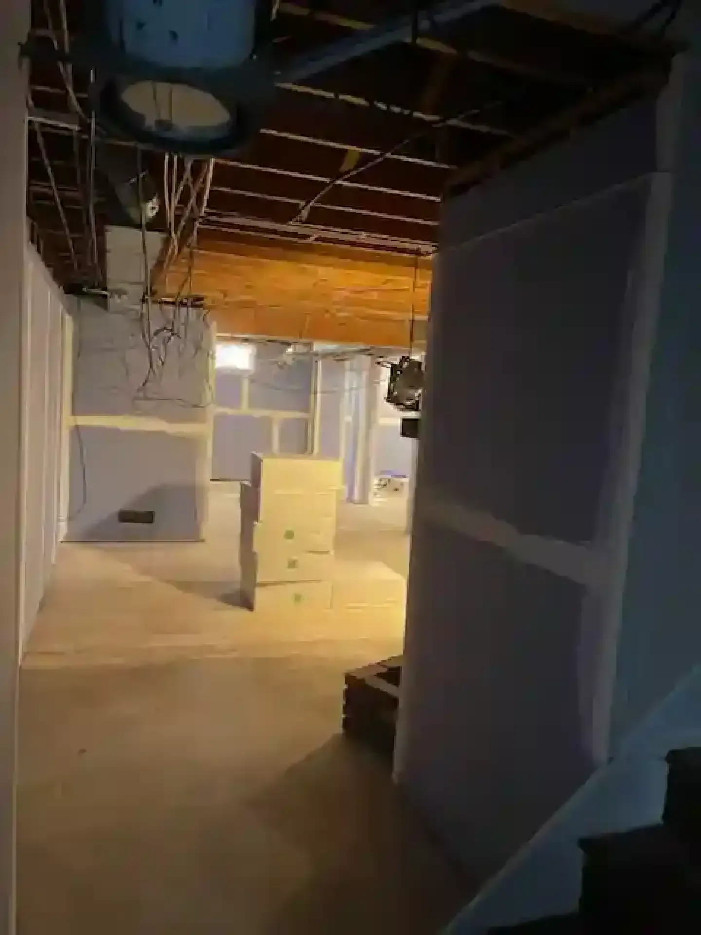 Dim unfinished basement interior with exposed ceiling, walls, and a white utility cabinet.