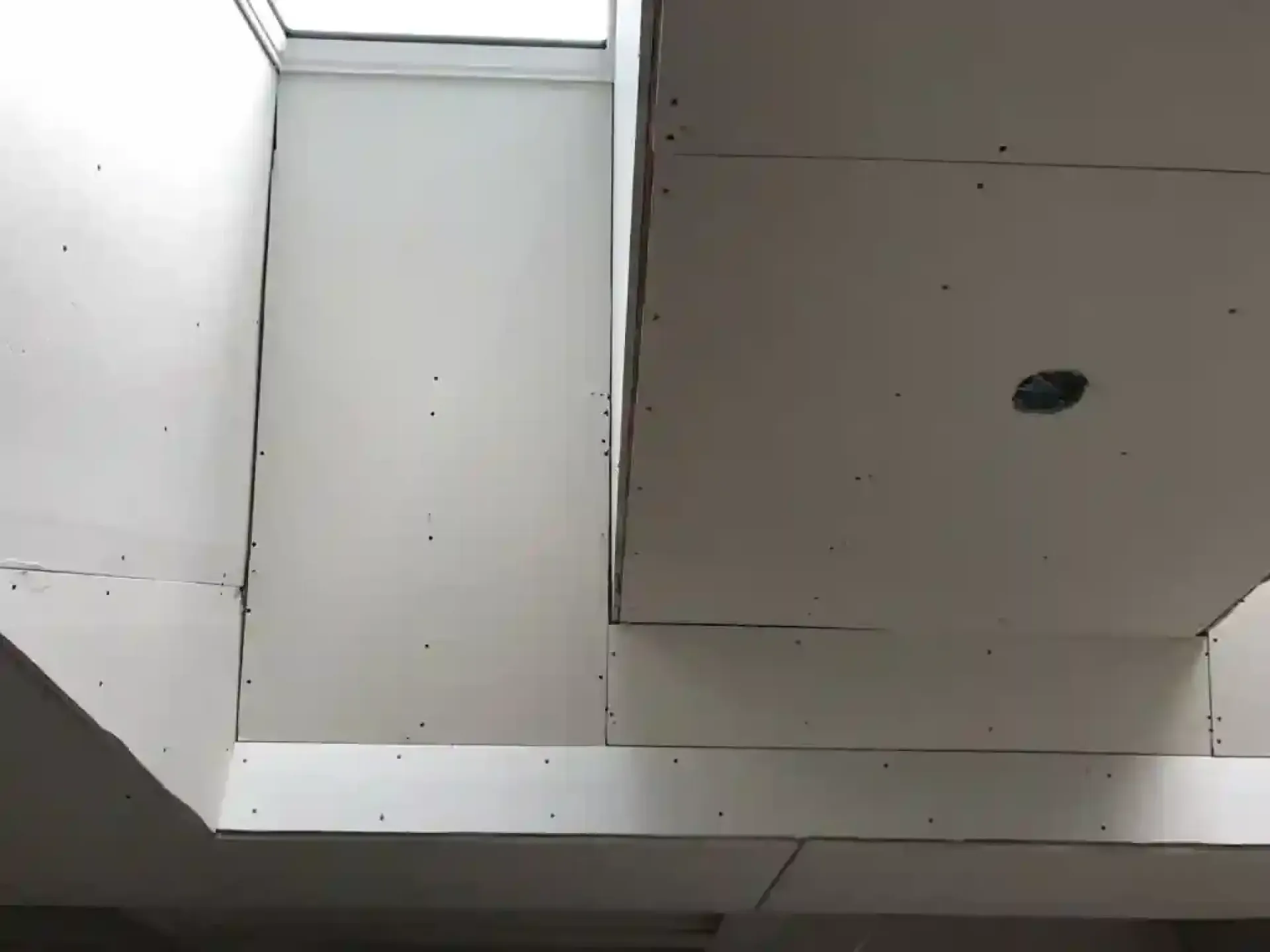 White ceiling with rectangular panels and a small dark hole on the right side