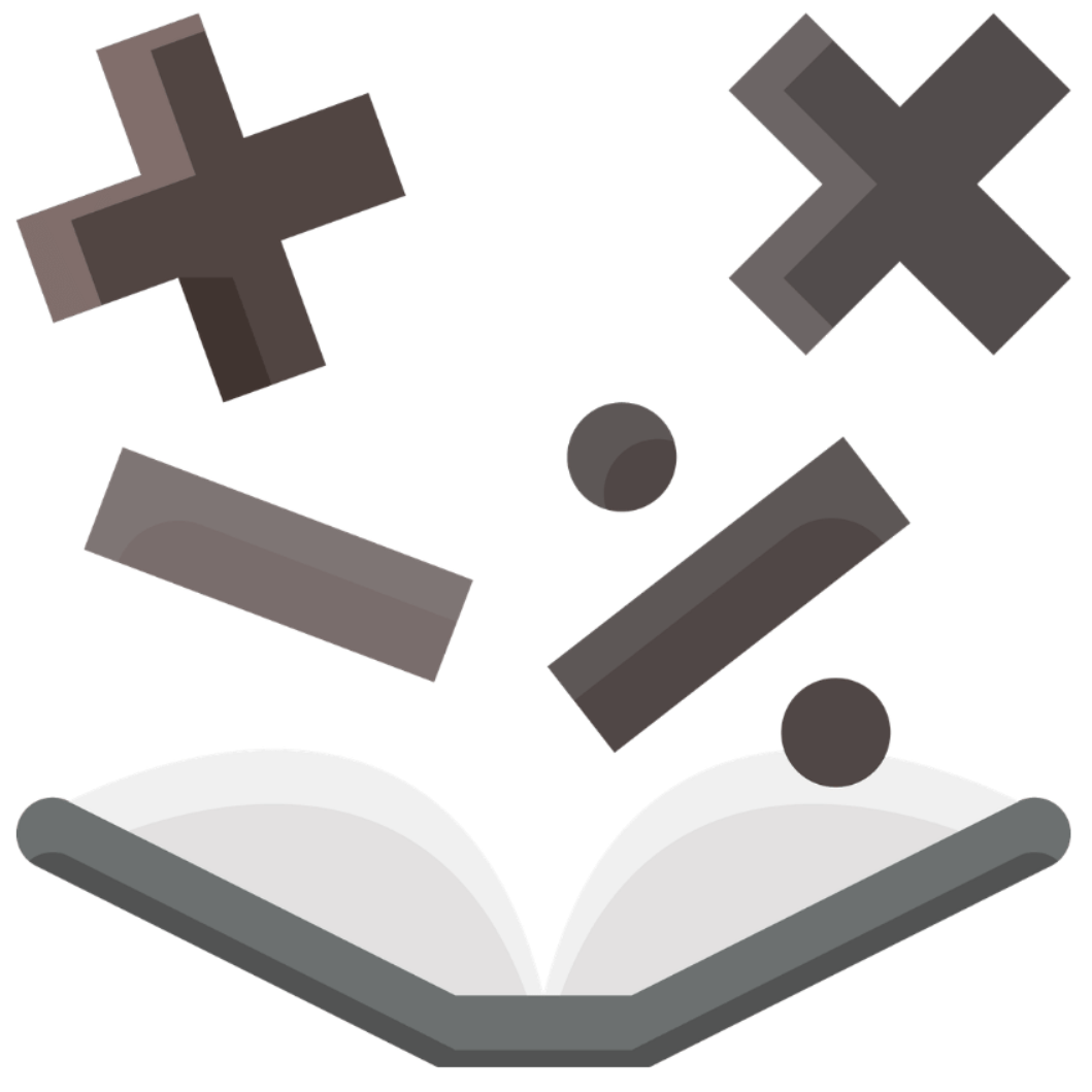 An open book with dark gray mathematical symbols—addition, subtraction, multiplication, and division—floating above it.