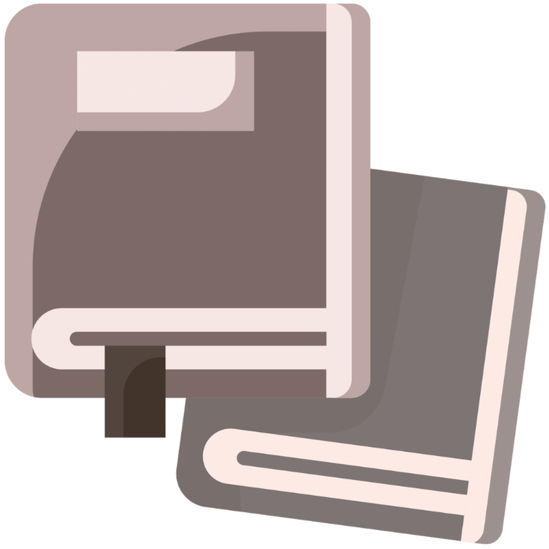 Two minimalist, dark gray notebooks or books arranged in a stack, one with a small bookmark.