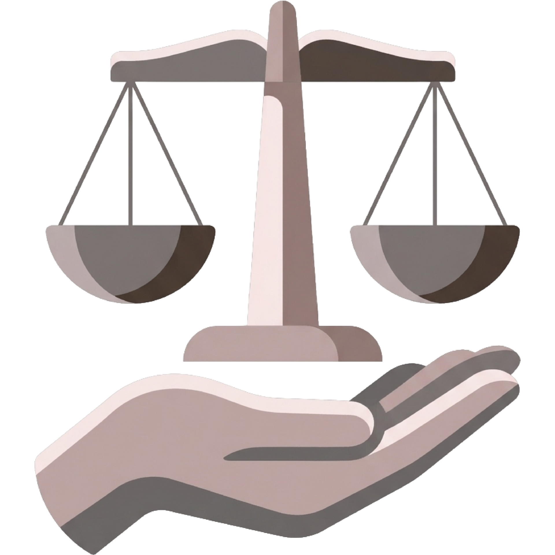 A stylized illustration of a balanced scale held by an open hand, rendered in shades of grey.