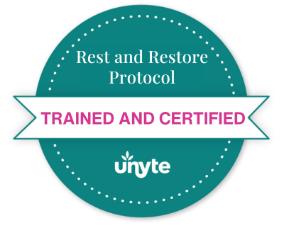 Teal circular badge with the text