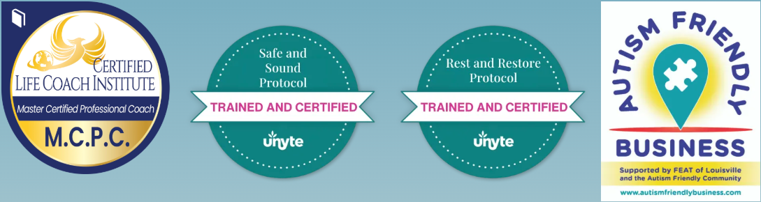 Four professional accreditation badges including The Coach Institute, Safe and Sound Protocol, and Autism Friendly Business.