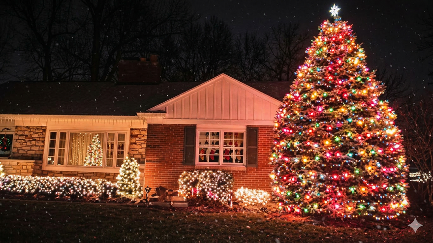 A house at night decorated with Christmas lights, featuring a large, multi-colored light-covered tree in the front yard.