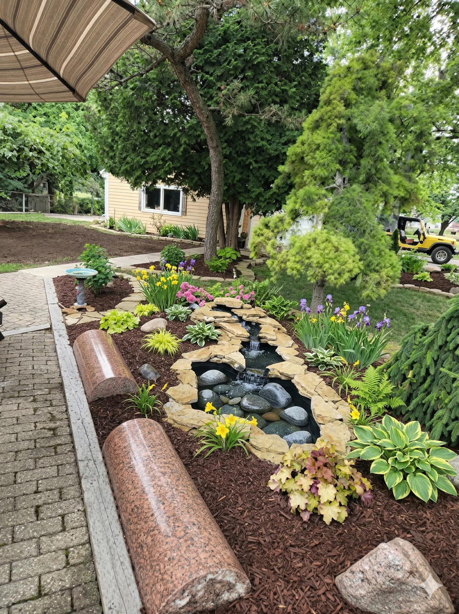 A winding stone-lined garden stream next to a paved path, surrounded by mulch, shrubs, and flowers.