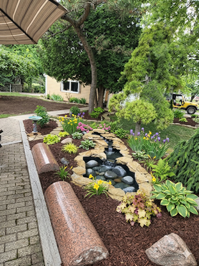 A stone-lined water feature flows through a landscaped garden with flowers and mulch, beside a paved stone walkway.