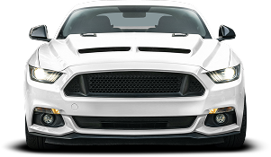Front view of a white sports coupe with black grille and hood vents on a plain background | Charlie's Car Care