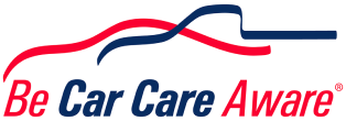 Be Car Care Aware logo with red and blue car outline and italic text | Charlie's Car Care