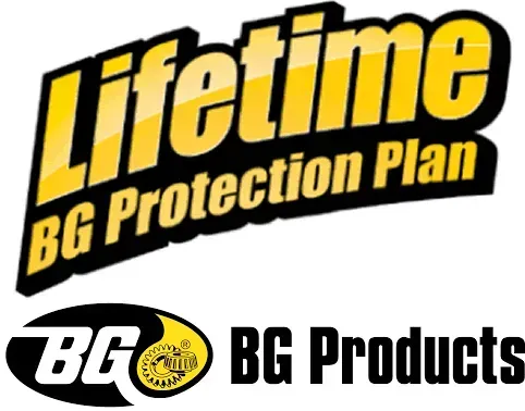 BG Products Lifetime BG Protection Plan logo in yellow and black with BG logo and gear icon | Charlie's Car Care