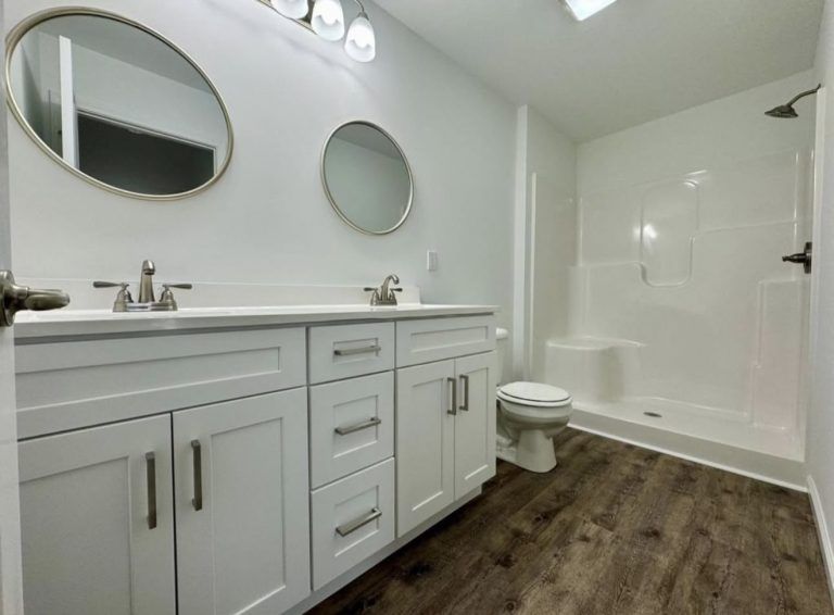 Modern bathroom with white cabinets, double sinks, two circular mirrors, and a white walk-in shower on dark wood flooring.