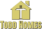 Logo for Todd Homes featuring a tan house icon with a 'T' shaped chimney and the text "TODD HOMES" in a bold tan font.