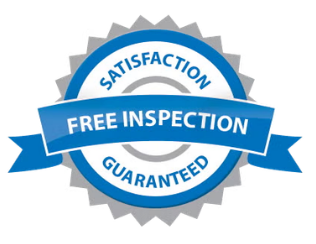 Blue and silver seal reading “Free Inspection Guaranteed” with “Satisfaction” around the top and bottom