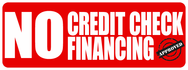 Red sign reading “NO CREDIT CHECK FINANCING” with a small approval stamp icon.