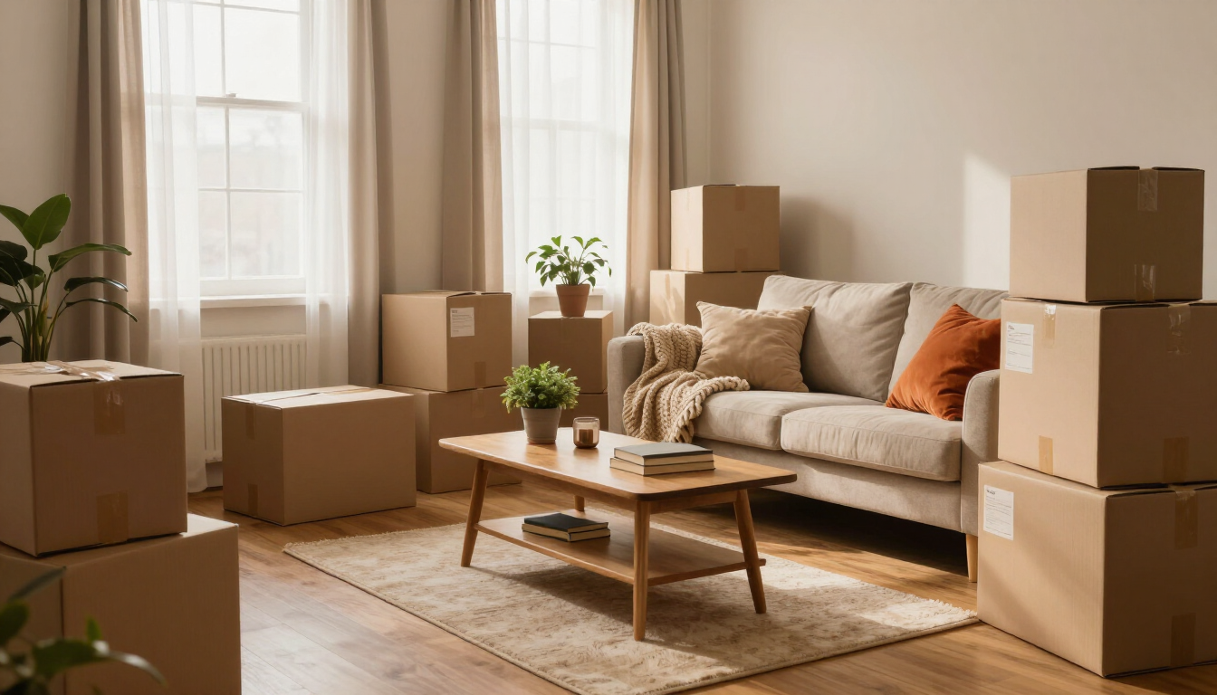 Acogedora sala de estar con cajas de mudanza, sofá beige, mesa de centro y luz solar tenue que entra por las cortinas.