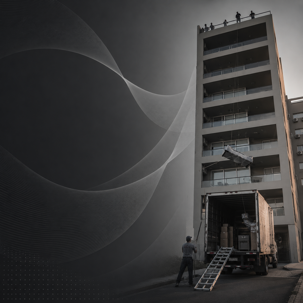 Edificio de apartamentos alto con trabajadores y un camión en la entrada, sobre un fondo abstracto oscuro.