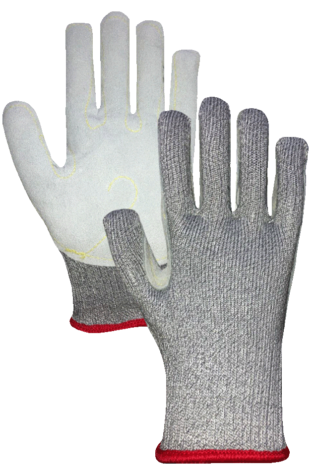 Un par de guantes resistentes a cortes con forro de goma blanco sobre fondo blanco.