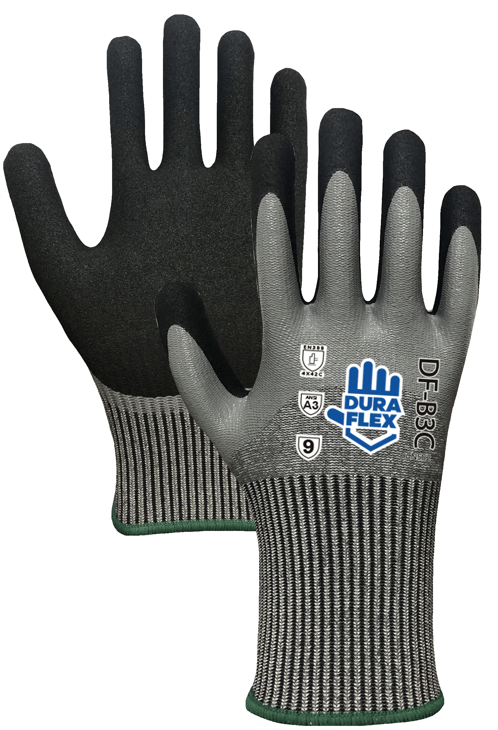 Un par de guantes resistentes a cortes con una capa de goma negra sobre fondo blanco.