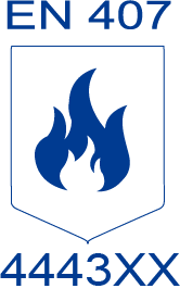 Un escudo con una llama azul y el número 444xxx