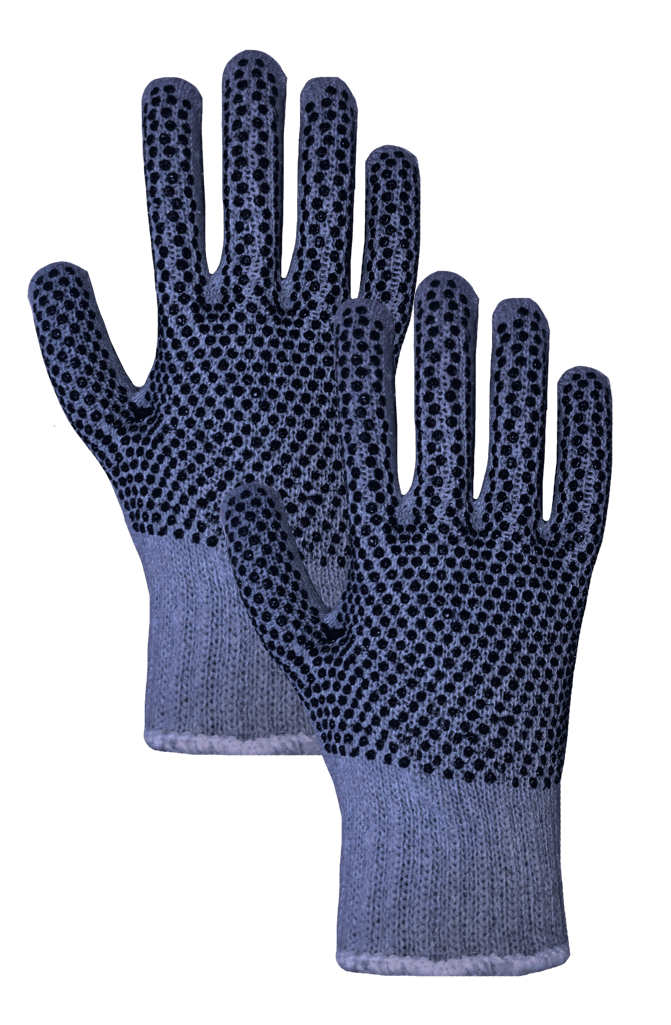 Un par de guantes azules con puntos negros sobre un fondo blanco.