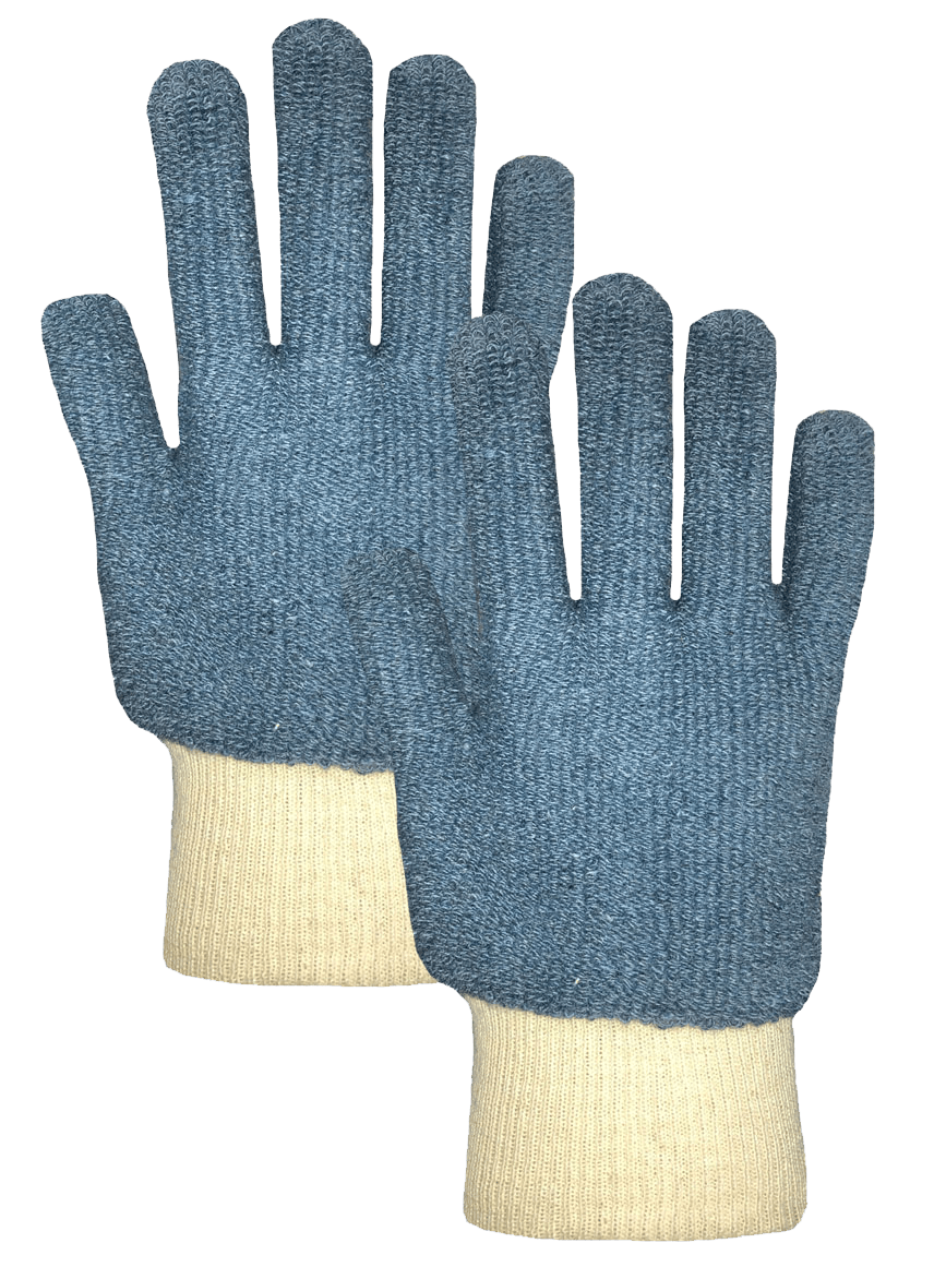 Un par de guantes azules con puño blanco sobre fondo blanco.