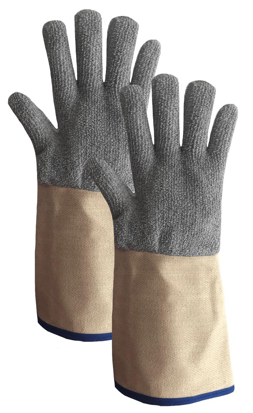 Un par de guantes resistentes a cortes sobre un fondo blanco.
