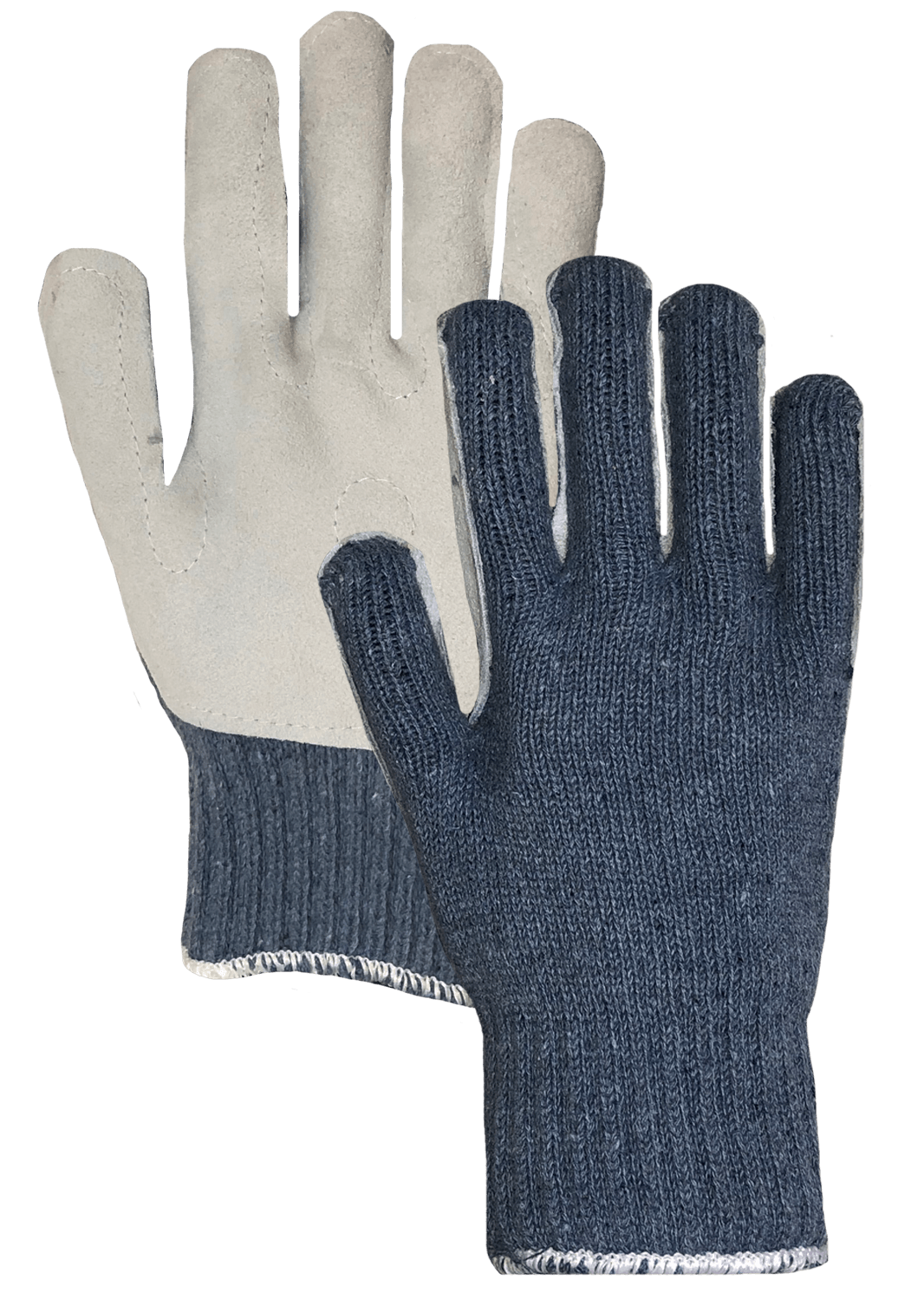 Un par de guantes azules y blancos sobre un fondo blanco.