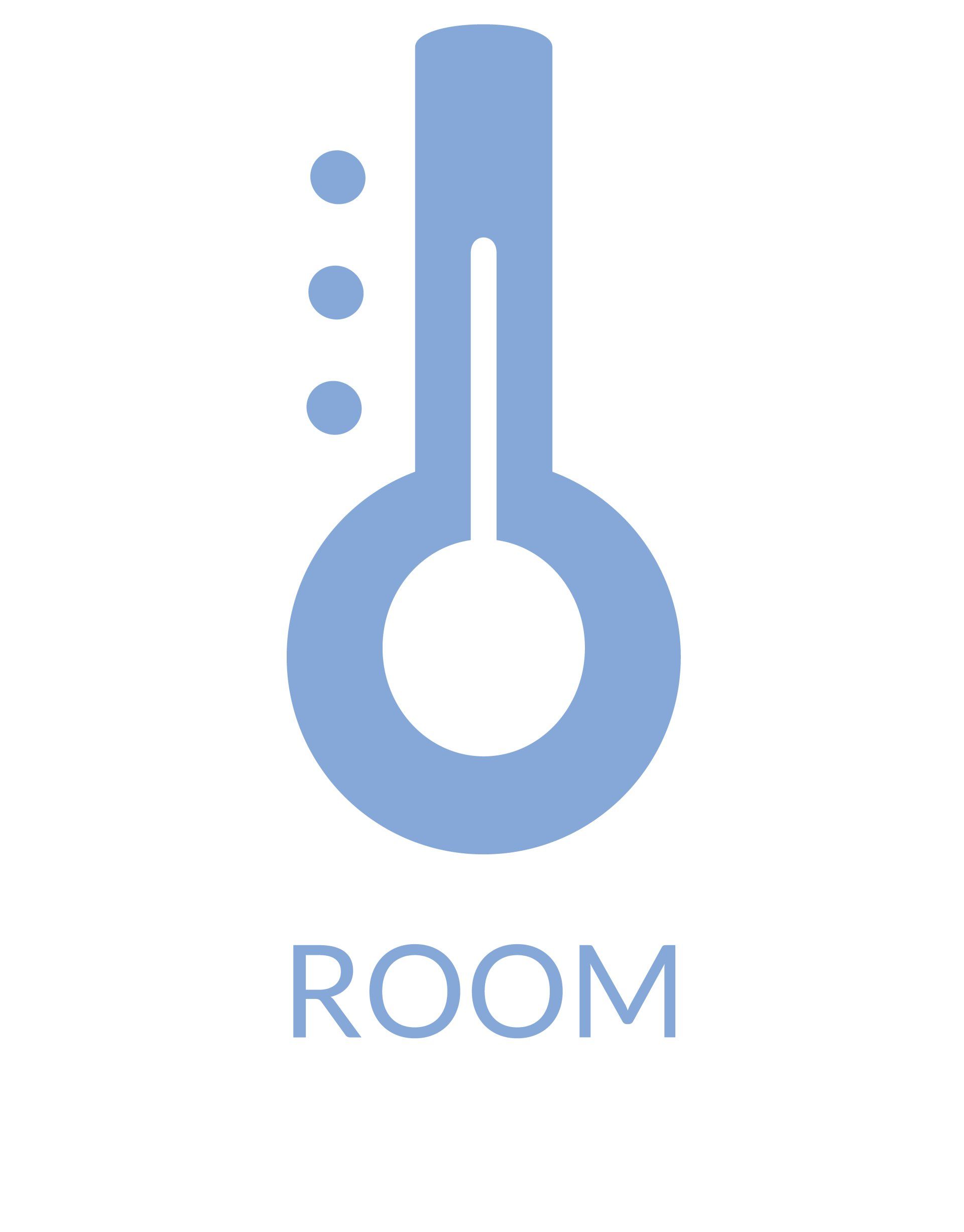 Un termómetro azul con la palabra habitación debajo.