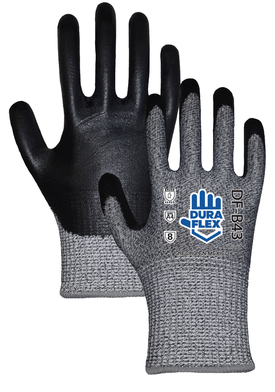 Un par de guantes negros y grises sobre fondo blanco.