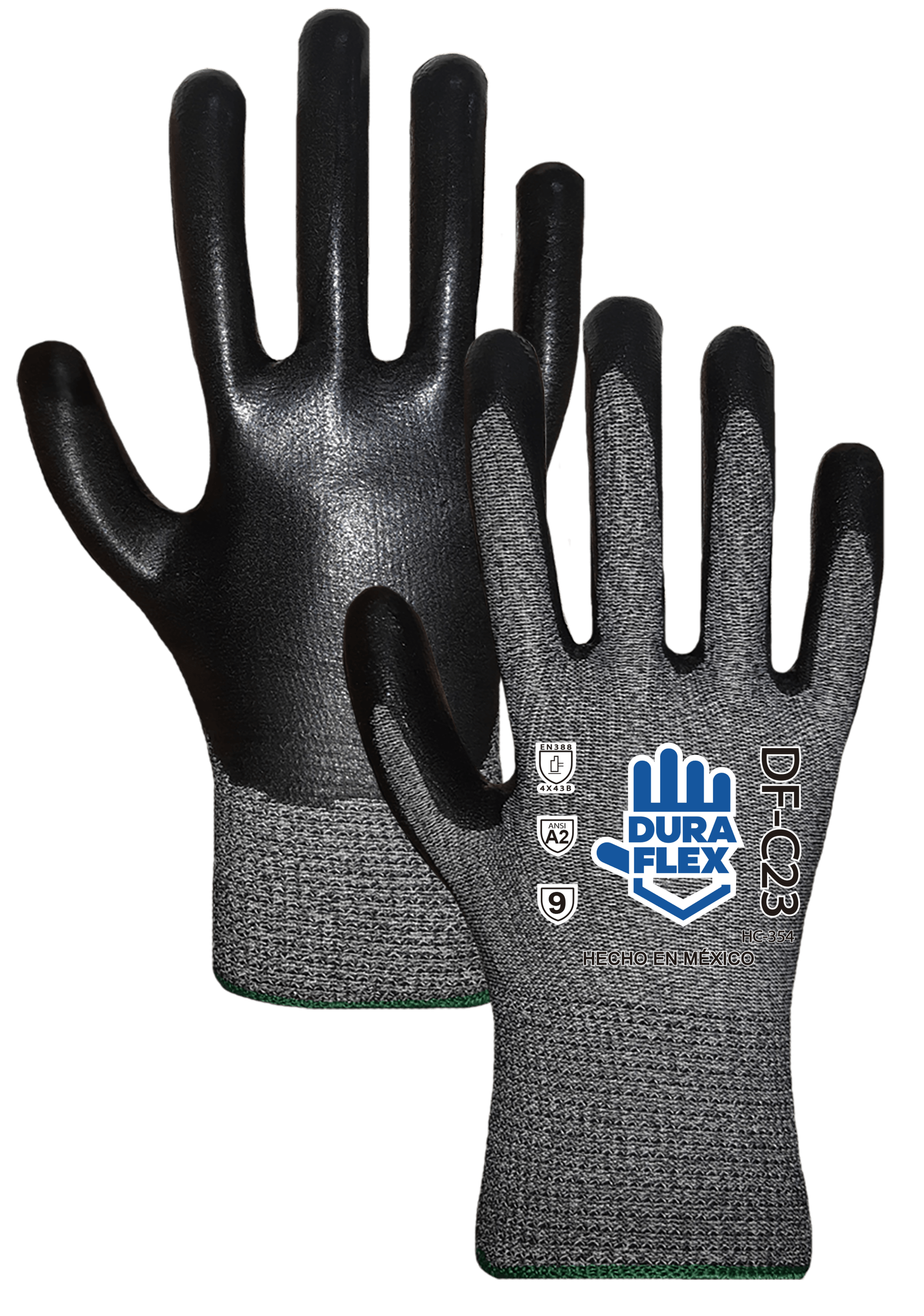 Un par de guantes de seguridad negros y grises sobre fondo blanco.