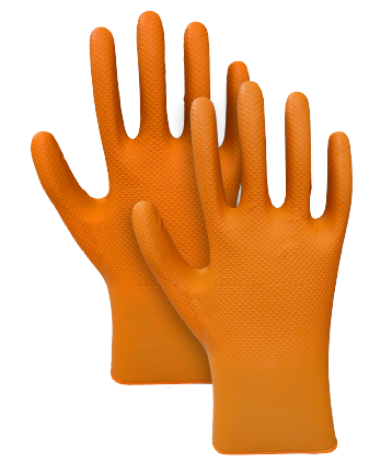Un par de guantes de goma de color naranja sobre un fondo blanco.