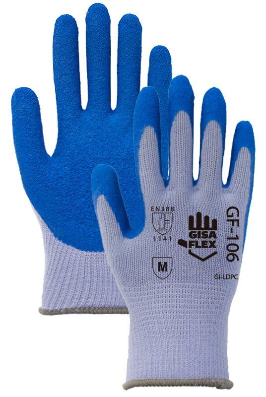 Un par de guantes de seguridad azules y blancos