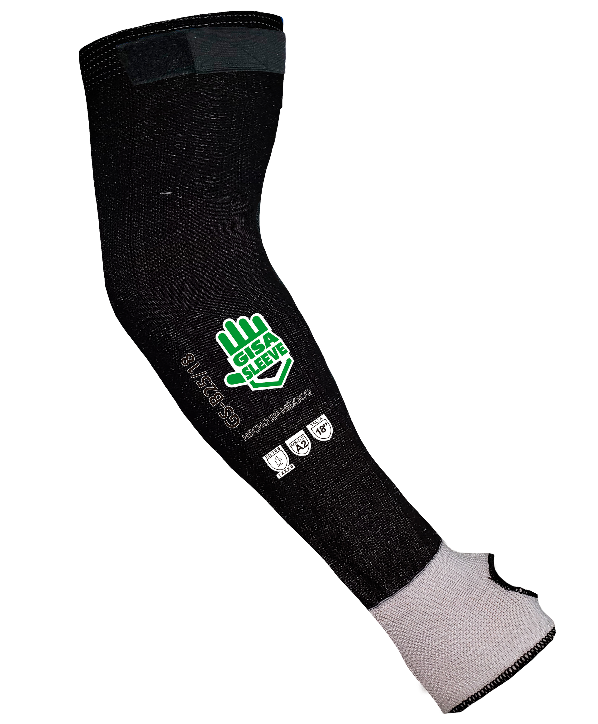 Una funda para el brazo en blanco y negro con un logo verde.
