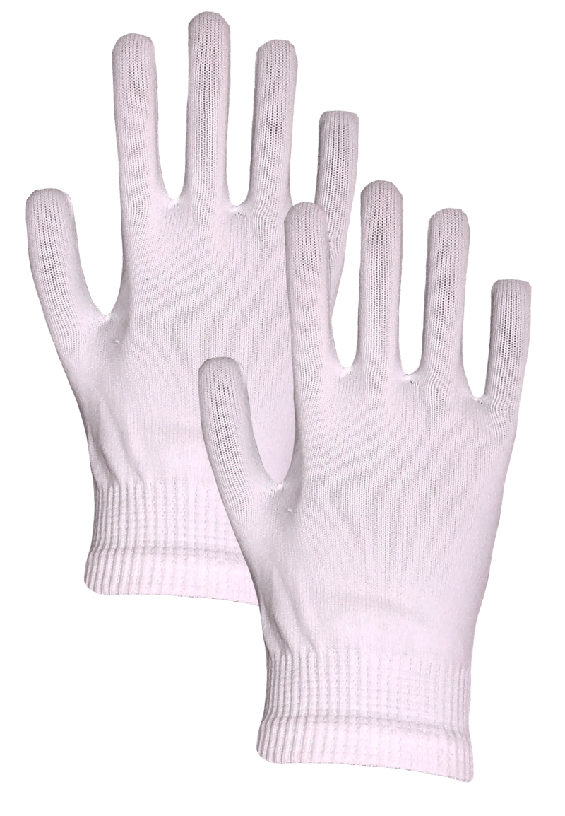 Un par de guantes de punto blancos sobre fondo blanco.