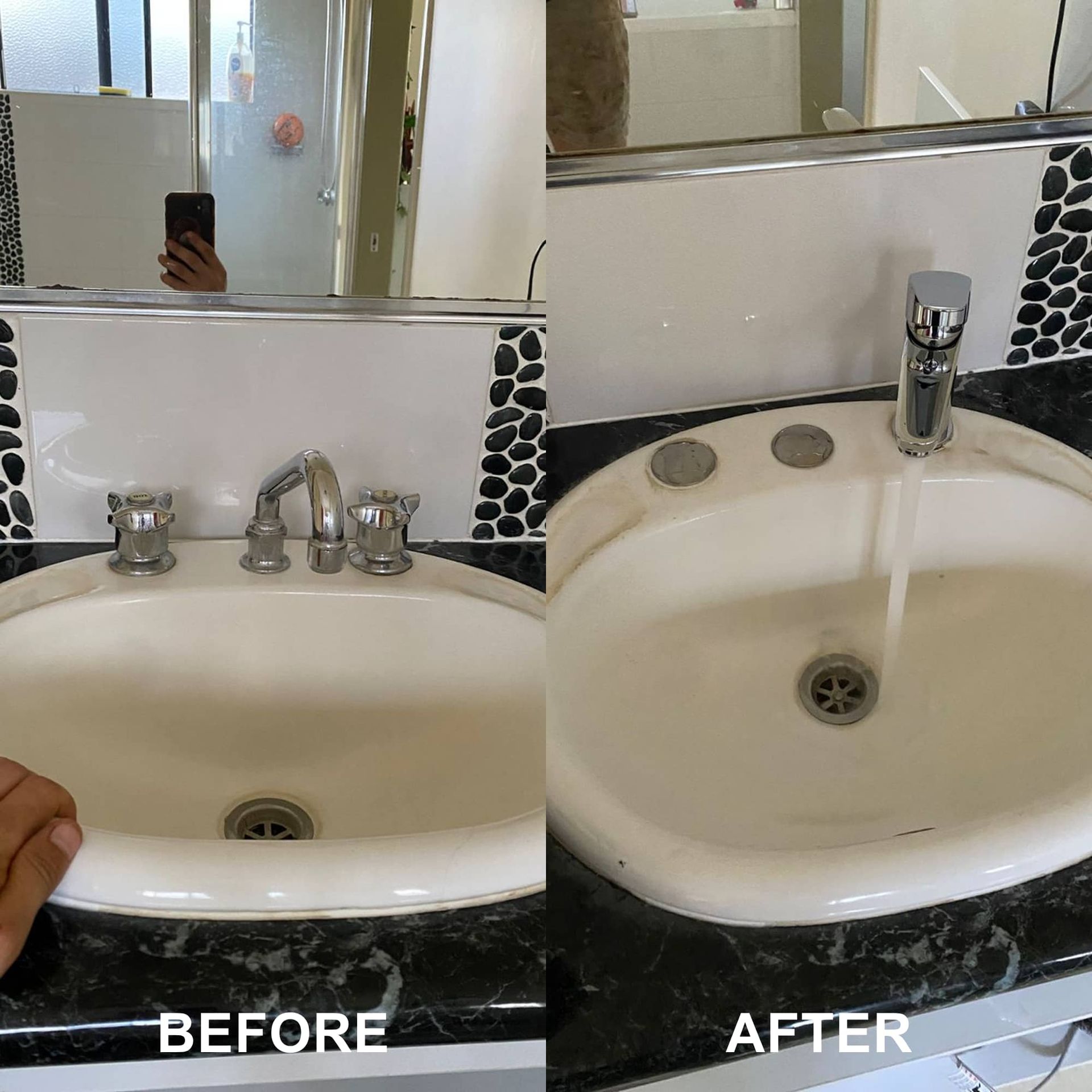 Bathroom sink before and after faucet replacement. Left shows old faucet, right shows new, running water.