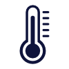 Thermometer icon, dark blue, showing temperature reading.