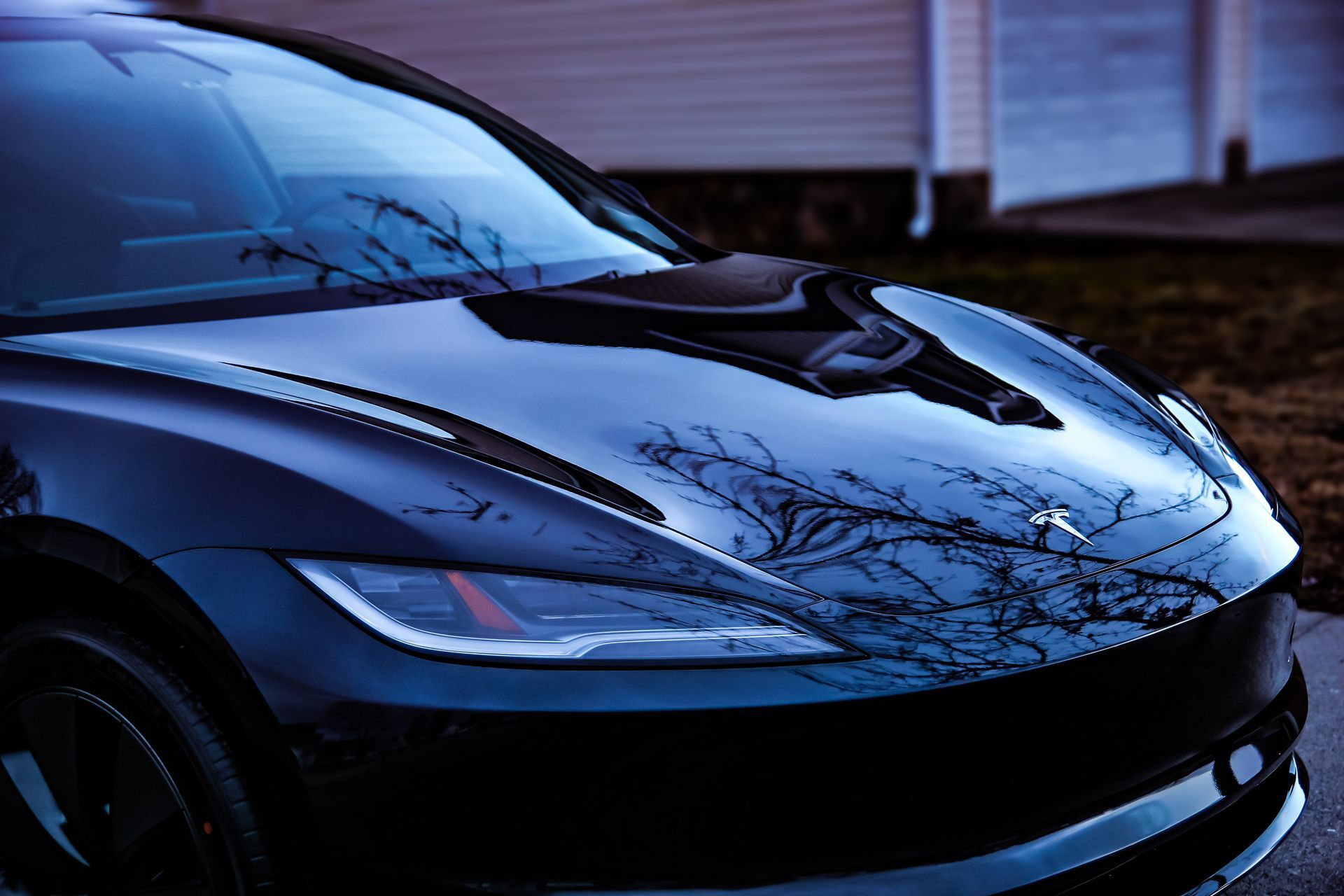 black Tesla shining in the early morning light after paint correction and ceramic coating at Ringgold Auto Detail