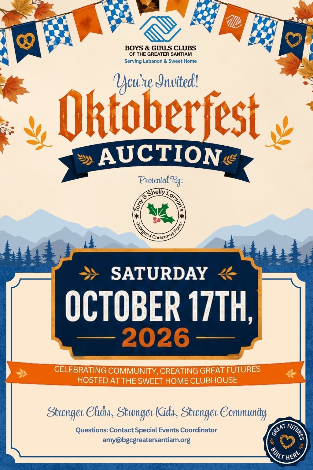 Oktoberfest Auction poster in blue, orange, and cream, featuring Saturday October 17th, 2026.