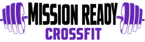 Logo for "Mission Ready CrossFit" in black and purple, with weightlifting hands.