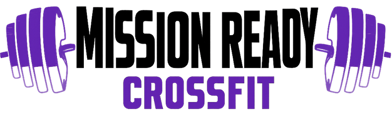 Logo for "Mission Ready CrossFit" in black and purple, with weightlifting hands.