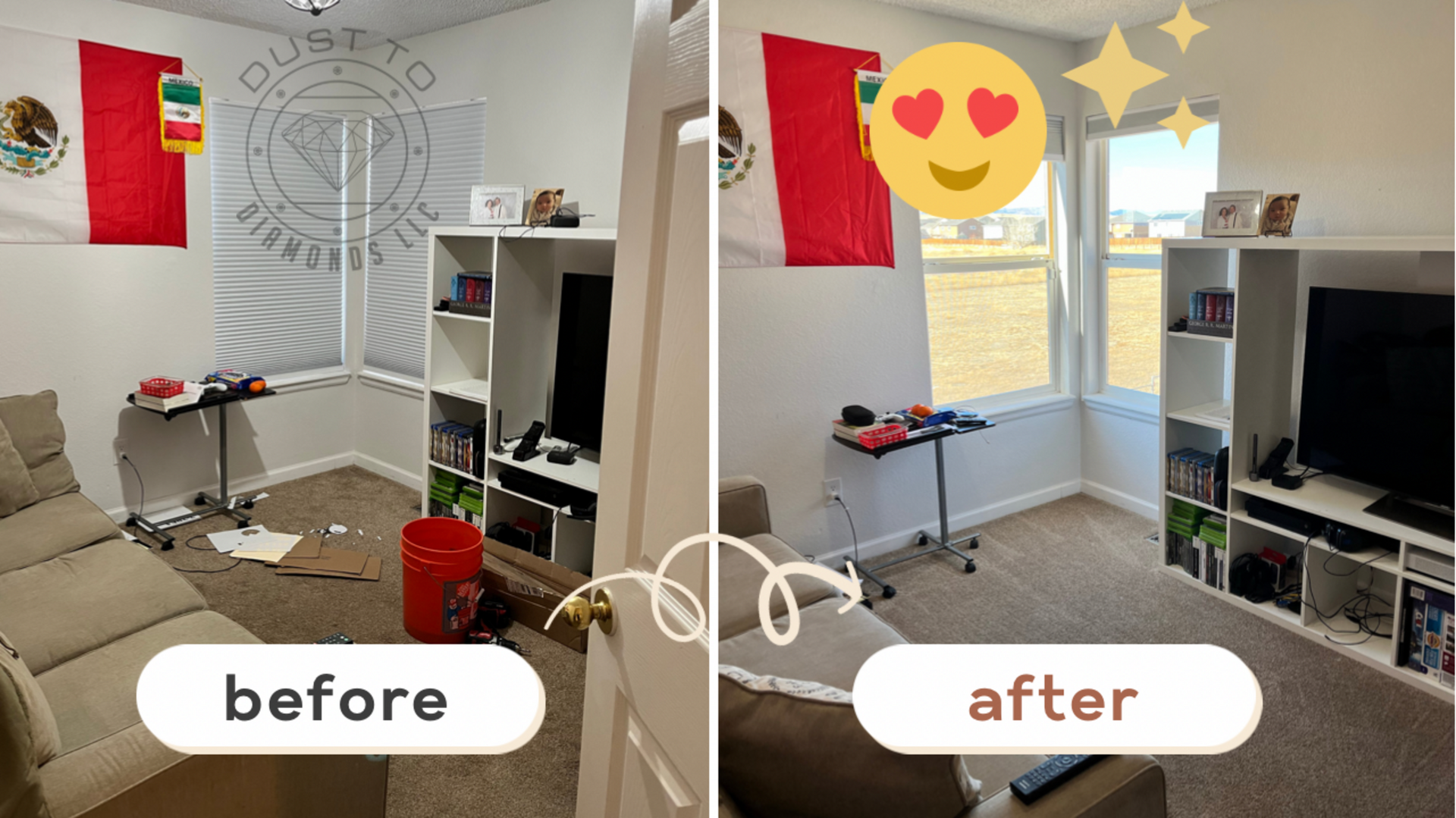 A before and after photo of a living room with a couch and a television.