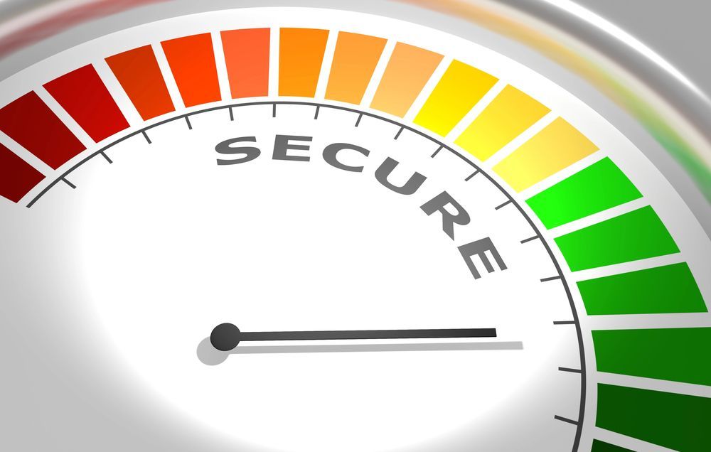 Barometer that says SECURE with red, yellow and green colors with the pointer pointing to green
