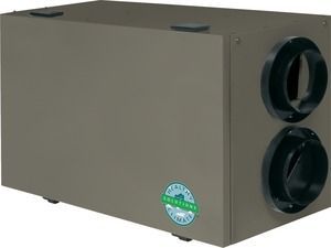 Gray rectangular HVAC air filter box with two round black duct openings on one end
