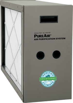 Gray portable air purification system with front vents and circular ports