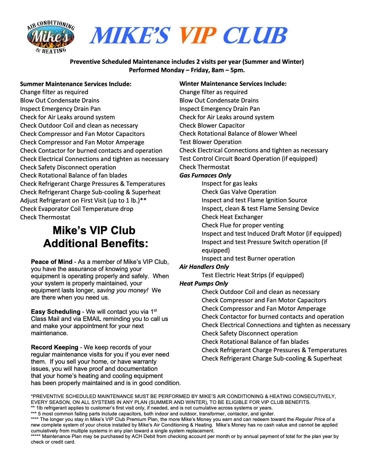 Mike’s VIP Club flyer with blue-orange title and columns of benefits and rewards details.